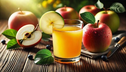 A glass of fresh apple juice with a slice of apple on the rim