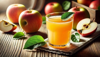 Fototapeta premium A glass of fresh apple juice with a slice of apple on the rim
