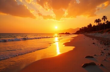 A beautiful sunset over a tranquil beach with palm trees in the background