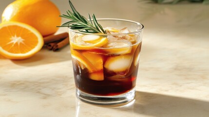 A chilled glass of iced Americano layered with orange and lemon juices, adorned with rosemary and cinnamon, set against a smooth surface.
