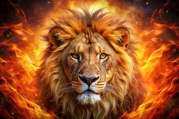 Fiery Lion King Double Exposure Stock Photo - Majestic Inferno Portrait