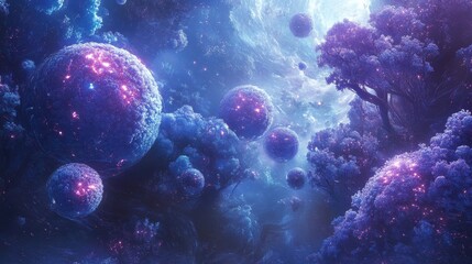 Fototapeta premium Enchanting Cosmic Landscape with Glowing Spheres and Mystical Trees in a Dreamlike Night Sky