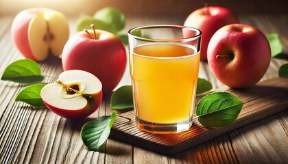 A glass of fresh apple juice with a slice of apple on the rim