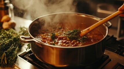 A pot of hearty soup being stirred on a stove, with steam rising and fresh herbs on the counter. 