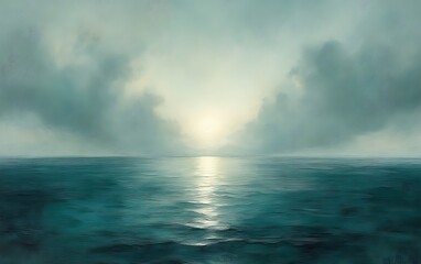 Obraz premium Serene seascape painting, sun peeking through clouds over calm ocean.