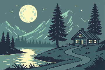 Naklejka premium Pixel art mountain landscape at night with a full moon reflecting on a lake, a path leading to a cabin, and fireflies illuminating the forest