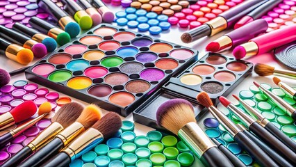 Naklejka premium Flatlay of Makeup Brushes and Cosmetics on White Background - Beauty Tools & Products