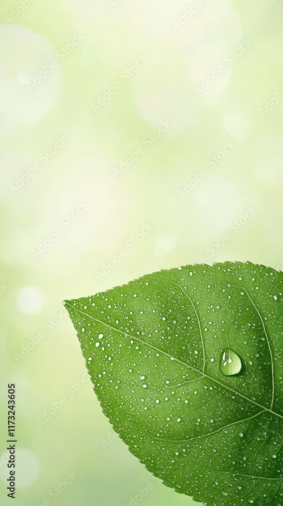 Poster sparkling water droplets adorn a vibrant green leaf against a soft, bokeh filled background, creatin