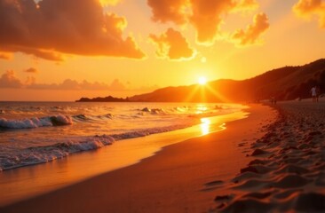 Obraz premium A beautiful sunset over a tranquil beach with palm trees in the background