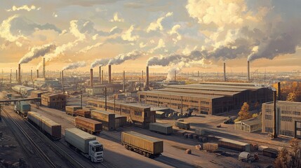 Fototapeta premium An industrial area with neatly arranged warehouses, trucks loading goods, and smoke rising from chimneys in the distance.