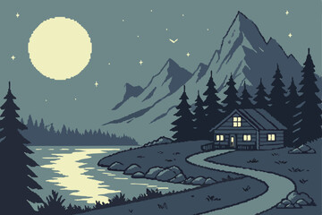 Pixel art mountain landscape at night with a full moon reflecting on a lake, a path leading to a cabin, and fireflies illuminating the forest