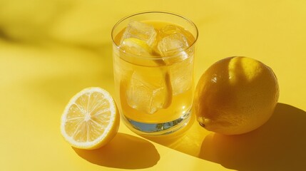 A close-up of a chilled iced tea glass with ice cubes and lemon slices, styled on a vivid yellow background with a whole lemon beside it.