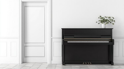 Black piano in minimalist white room.