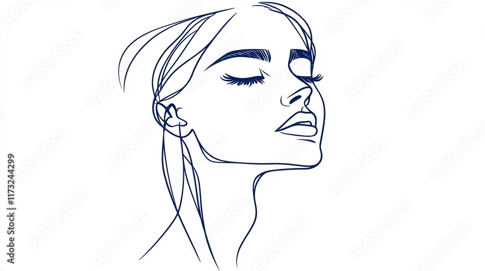 Poster continuous line profile face in minimalist elegant design on white background