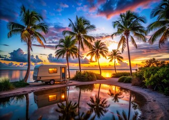 Fototapeta premium Florida Keys Sunset: Pop-Up Camper in Palm Grove by Crystal Waters