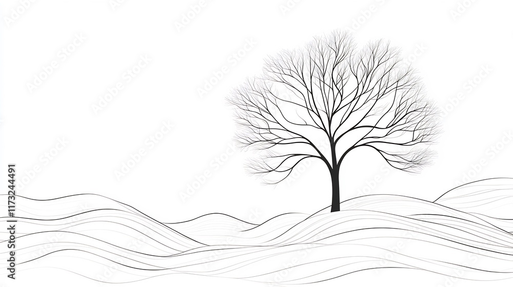 Poster abstract continuous line drawing of minimalist tree on white background