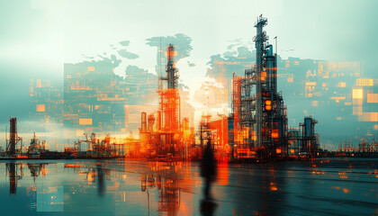 Naklejka premium double exposure of refinery and a digital world map