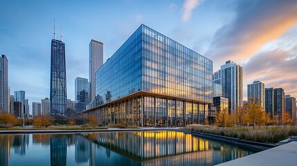 Fototapeta premium Modern Glass Building Reflecting Sunset Cityscape