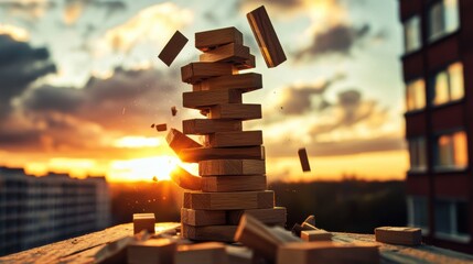 Wooden Blocks Tower Collapses at Sunset
