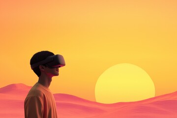 Young Person Wearing Virtual Reality Headset Against Vibrant Sunset Background
