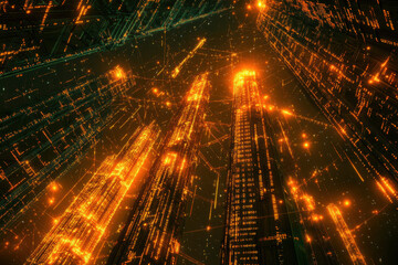 High voltage towers illuminated by digital data streams in futuristic cityscape