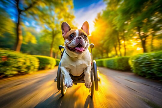 French Bulldog in Wheelchair, Disabled Dog on Walk, Long Exposure Photo