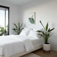 Modern Minimalist Bedroom with White Sheets and Green Plants