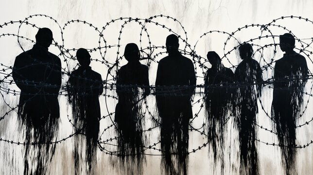 Group of business people behind barbed wire fence, concept of restriction
