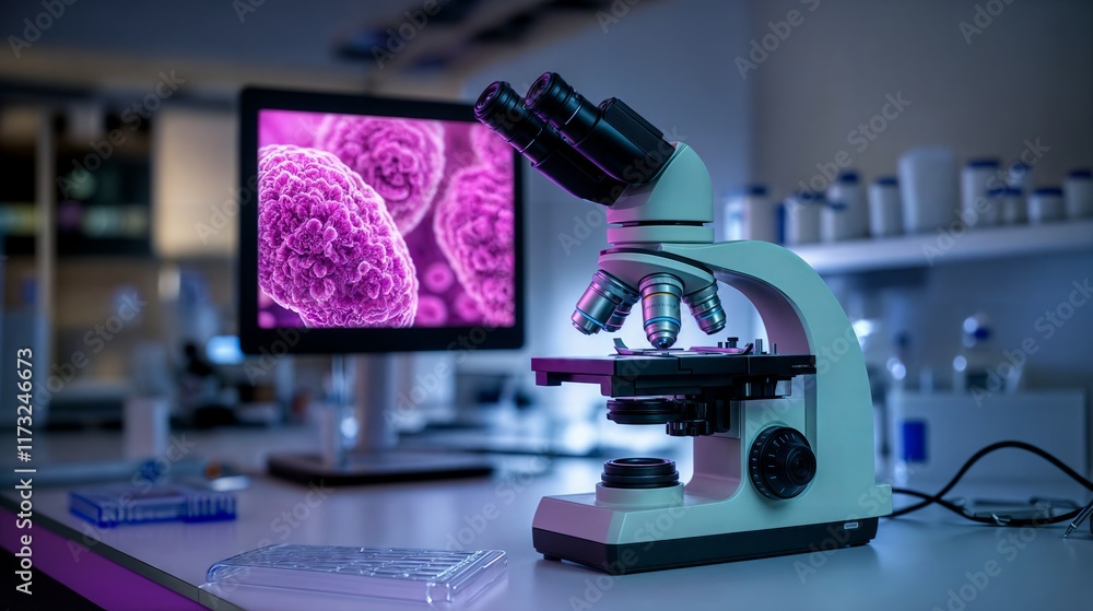 Poster modern microscope analyzing virus cells in laboratory setting