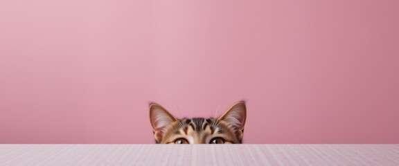 A cat peeking over a pink surface, offering a cute and humorous view for social media and pet related content.