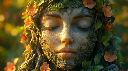 A serene face covered in leaves and flowers, blending with nature.
