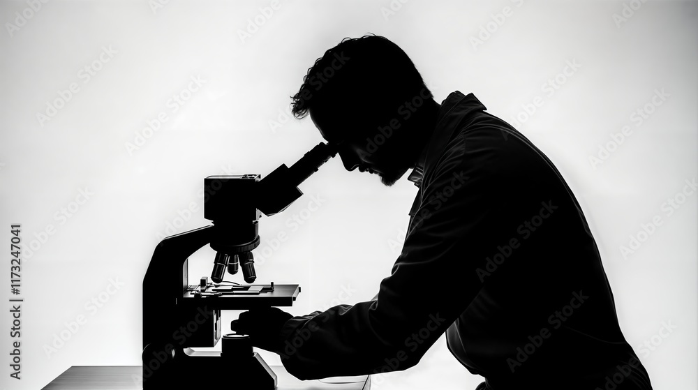 Poster scientist using microscope in laboratory research experiment silhouette