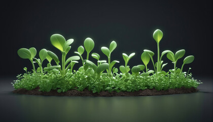 Fresh green seedlings growing under soft light in a dark environment, showcasing vibrant plant life
