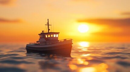 Fototapeta premium Miniature Solar-Powered Ship at Golden Hour on Ocean