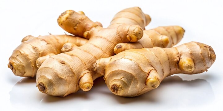 Fresh Ginger Roots: Minimalist Close-up on White Background