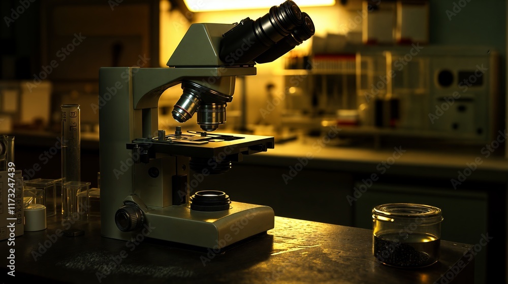 Poster microscope standing on table in research laboratory setting