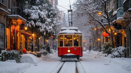 Obraz premium Snow-covered street with a vintage tram in a winter scene.