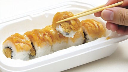 Delicious Sushi Roll in Takeout Container with Sweet Sauce
