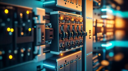 Server room equipment blinking with data transferring and processing