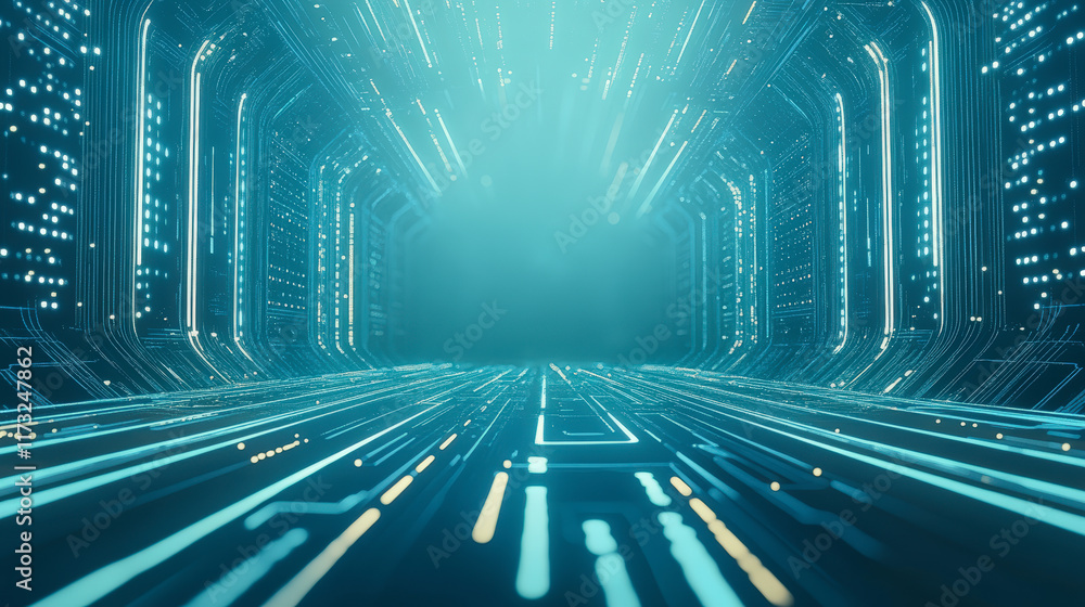 Poster futuristic digital tunnel with glowing lights and geometric patterns, showcasing advanced technology