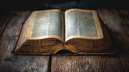 Open hardcover book on a wooden table 