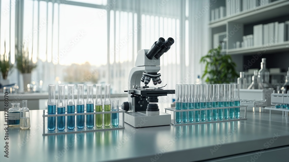 Poster modern microscope and test tubes with liquids in a bright laboratory setting