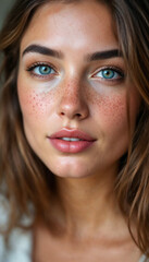 Fototapeta premium Girl with freckles and expressive eyes in close-up portrait.