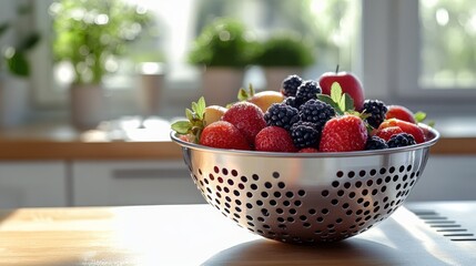 Summer Fruit in a Metal Bowl: A Kitchen Still Life