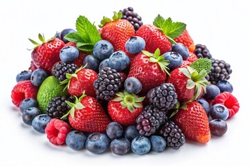 Obraz premium Fresh Mixed Berries Isolated on White Background - Vibrant Summer Fruit