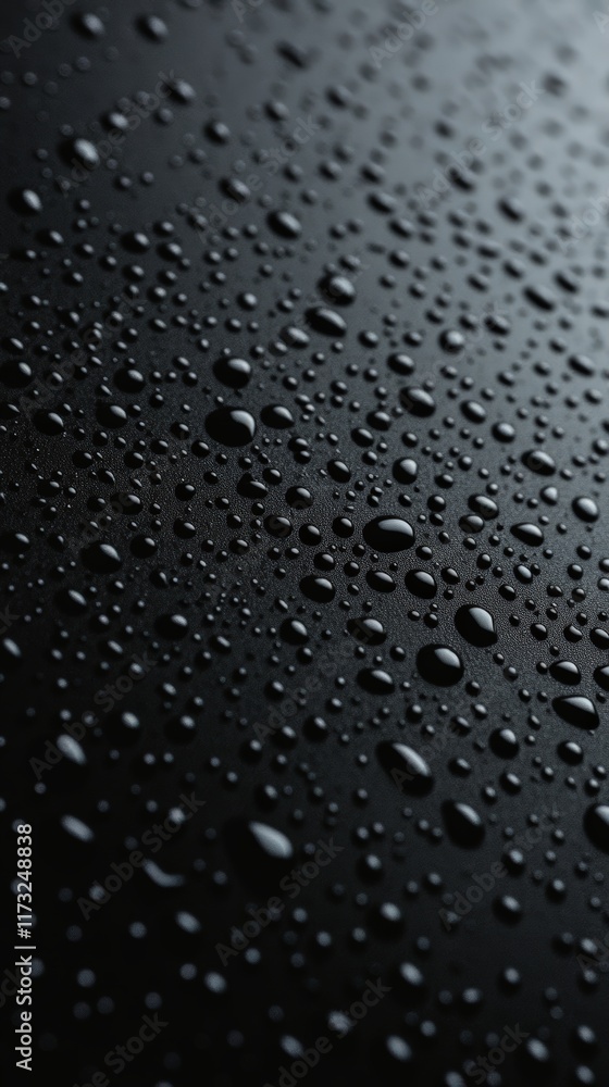 Poster Sparkling water droplets resting on a sleek, dark surface, creating a mesmerizing textural display with varying sizes and reflections, suggesting a recent rain shower or condensation