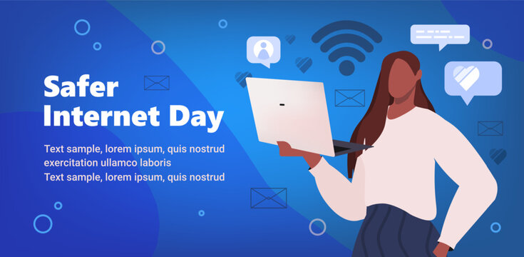 Safer Internet Day. Young African American woman surfing internet, holding laptop in hand on a blue background. Cyber security concept. Vector illustration. Not AI generated - Powered by Adobe