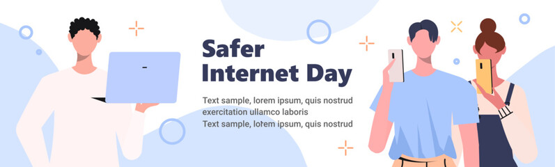 Safer Internet Day. Cyber security data and protection banner. People surfing the Internet, chatting on social networking sites, playing mobile phone games. Internet security.  Vector Not AI generated