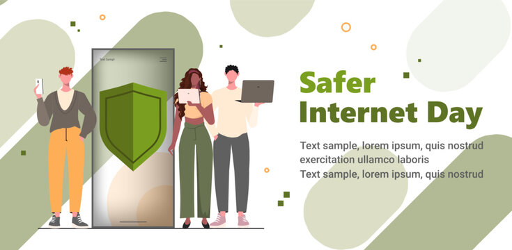  Safer Internet Day. Green Shield on smartphone screen. People surfing internet. Concept of cybersecurity and data protection. Vector illustration. Not AI generated