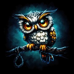 Obraz premium A colorful, stylized owl perched on a branch against a dark blue background.